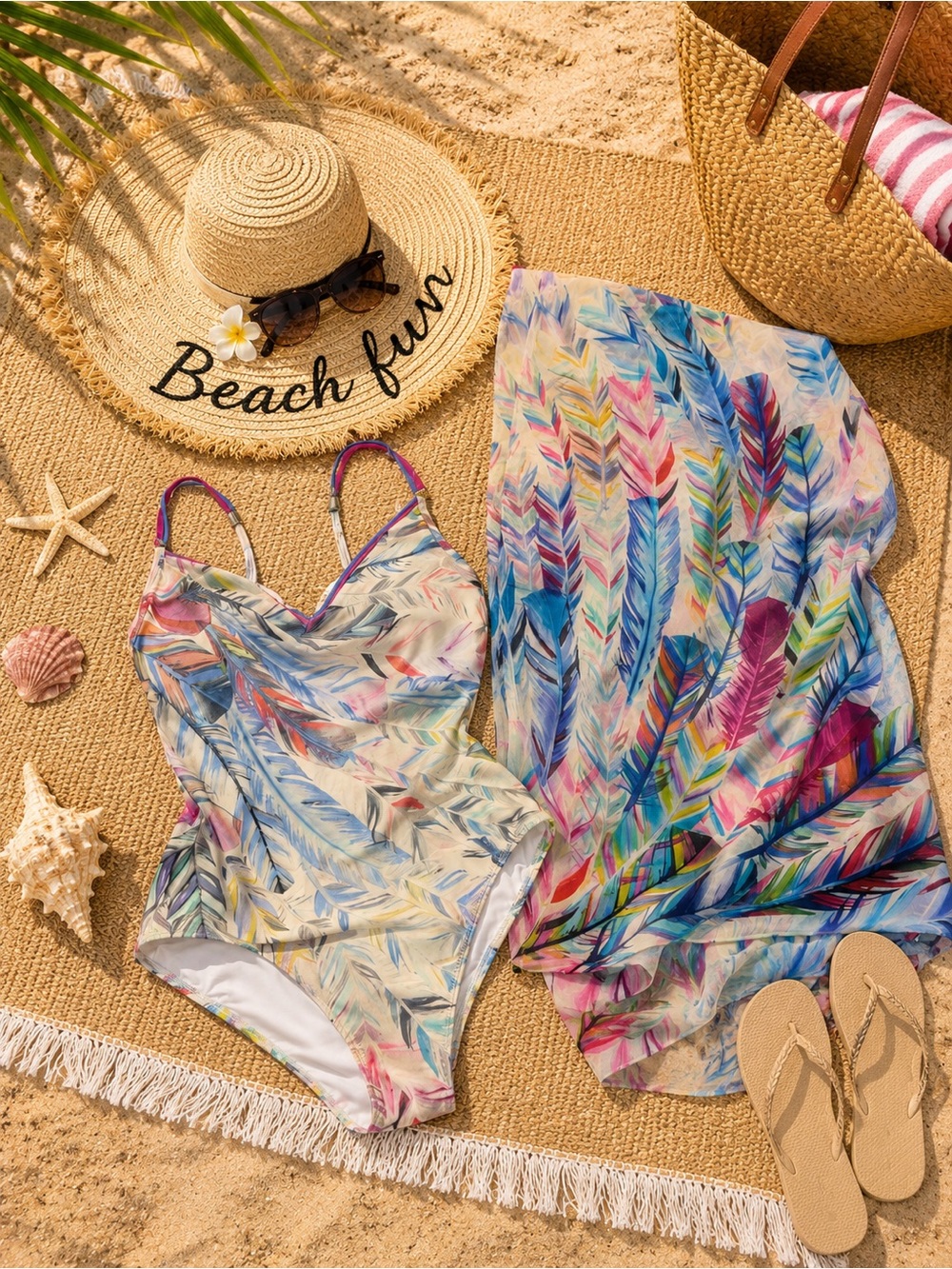 Gottex Multicolor Feather-Print Swim Coverup and One-Piece
